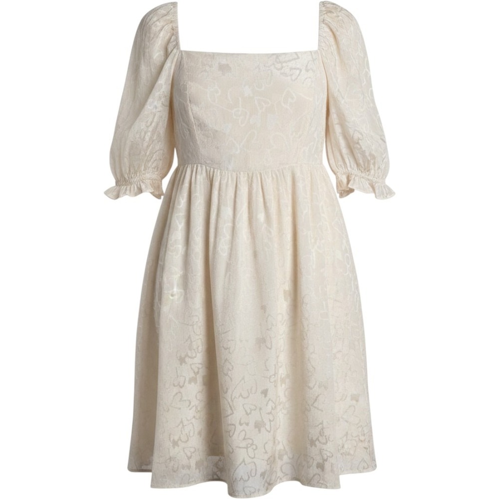 Ivory Blush Heart Jacquard Puff Sleeve Babydoll Mini Dress Size Small